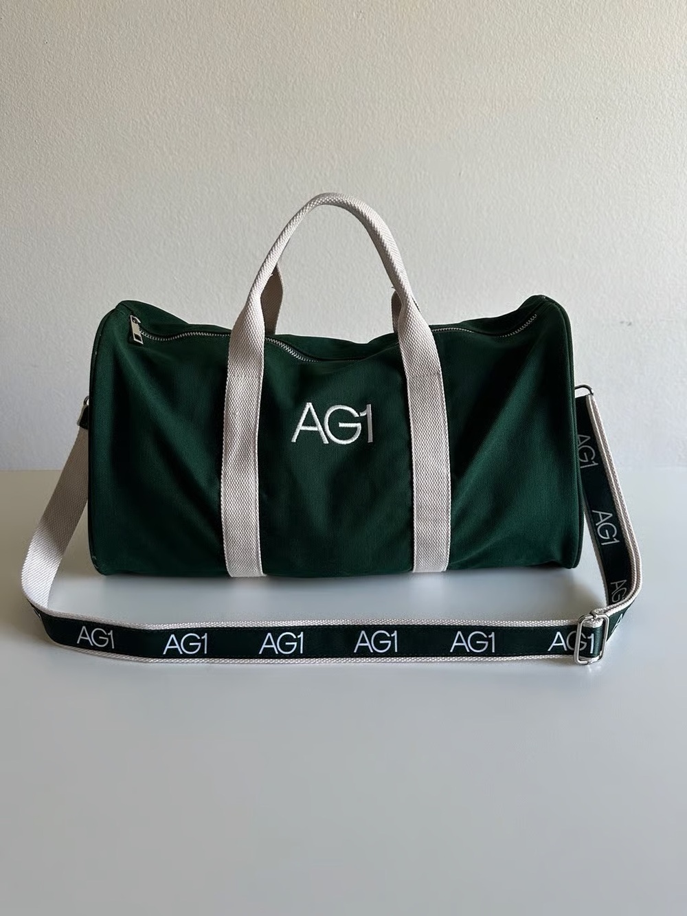 AG1 Athletic Greens Green & White Canvas Duffel Bag